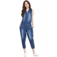 Women's Denim Solid Sleeveless Jumpsuit (Blue)