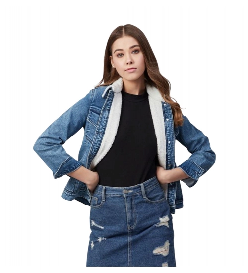 Women's Denim Washed Long Sleeve Jacket (Blue)