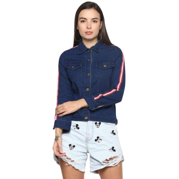 Dropship Women's Denim Taping Long Sleeve Jacket (Blue)