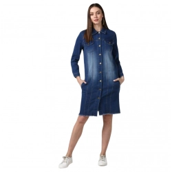Women's Denim Washed Long Sleeve Jacket (Navy Blue)
