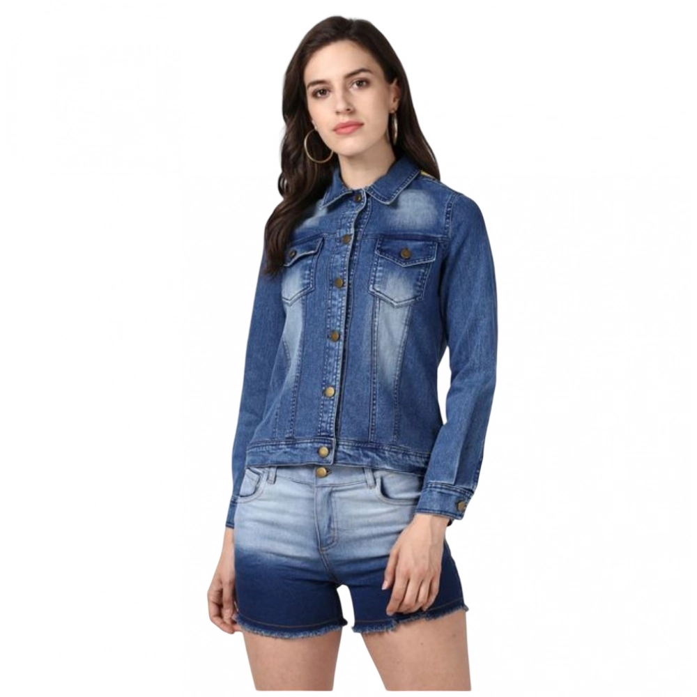 Women's Denim Hand Painted Long Sleeve Jacket (Blue) Women's Denim Hand Painted Long Sleeve Jacket (Blue)
