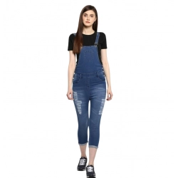 Women's Denim Solid Dungaree Pant (Blue)
