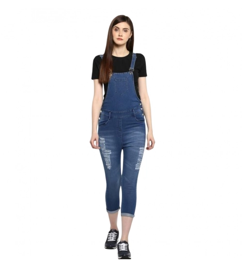 Women's Denim Solid Dungaree Pant (Blue)