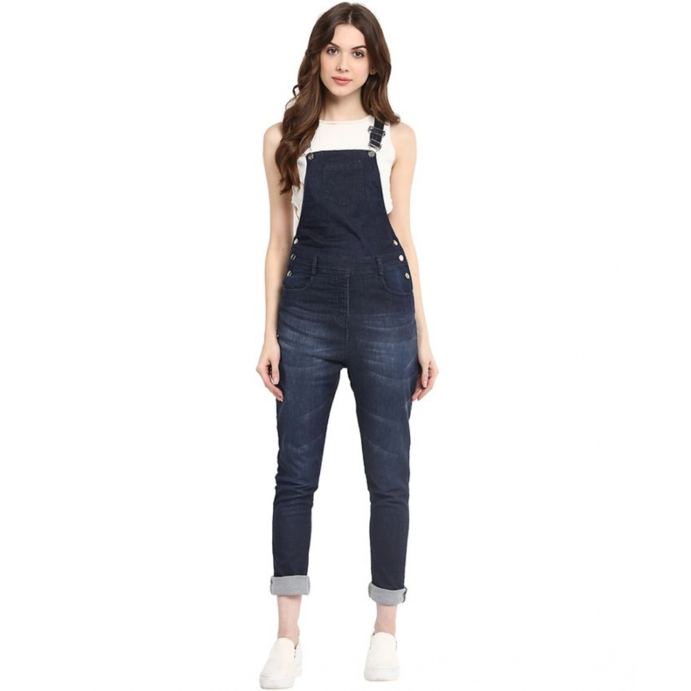 Women's Denim Solid Dungaree Pant (Blue)