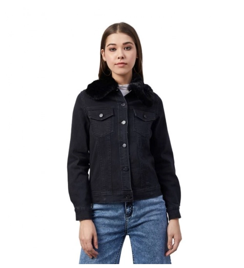 Women's Denim & Faux Fur Washed Long Sleeve Jacket (Black)