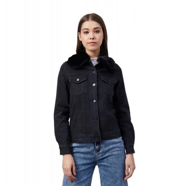 Dropship Women's Denim &amp; Faux Fur Washed Long Sleeve Jacket (Black)