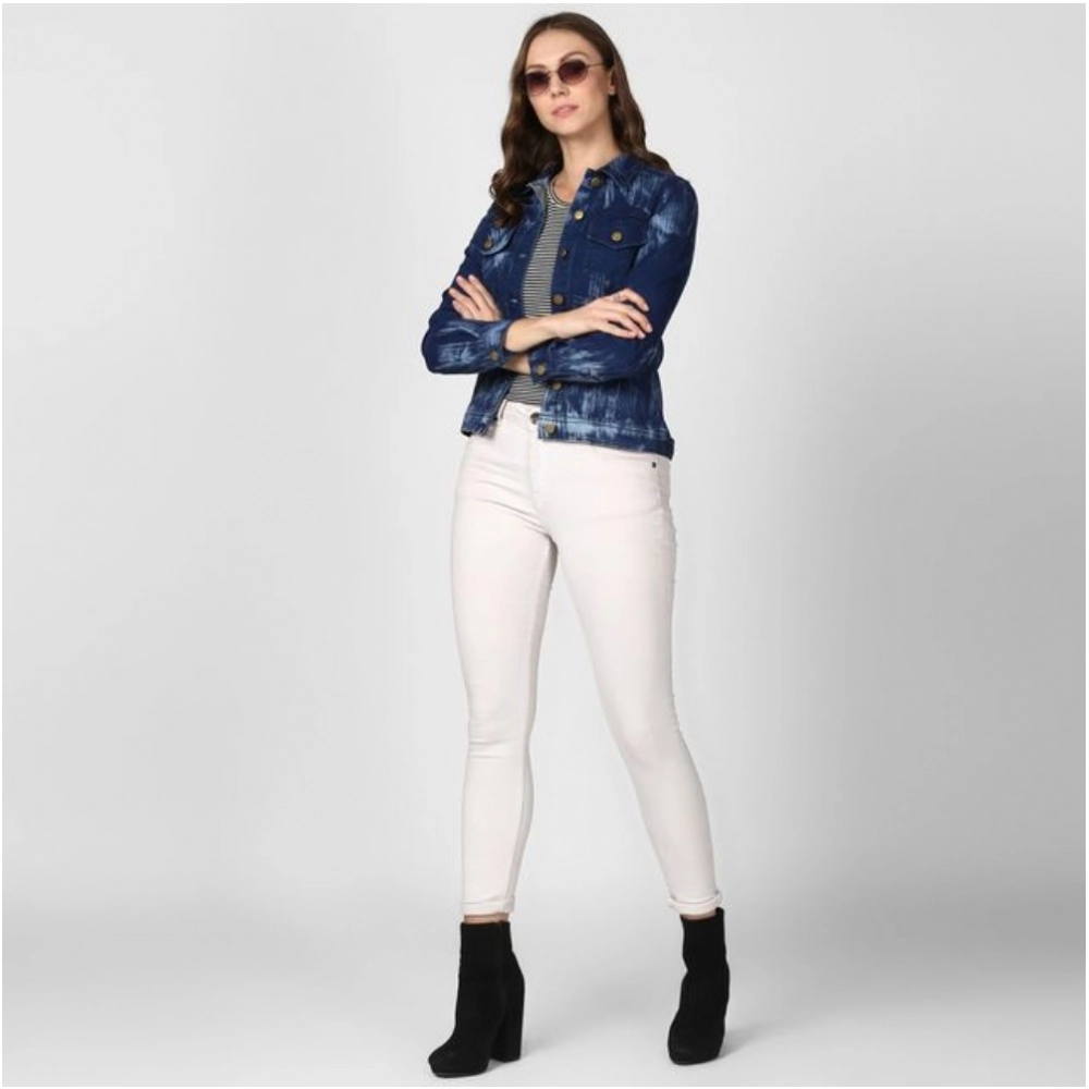 Women's Denim Washed Long Sleeve Jacket (Blue) Women's Denim Washed Long Sleeve Jacket (Blue)