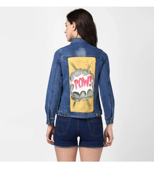Women's Denim Hand Painted Long Sleeve Jacket (Blue) Women's Denim Hand Painted Long Sleeve Jacket (Blue)