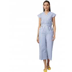 Women's Cotton-Polyester Blend Striped Short Sleeve Jumpsuit (Blue)
