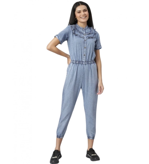 Women's Denim Self Design Tie Ups Jumpsuit (Blue)