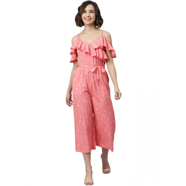 Dropship Women's Polyester Floral Cold Shoulder Jumpsuit (Pink)