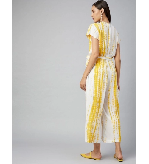 Women's Rayon Striped Short Sleeve Jumpsuit (Yellow - White)