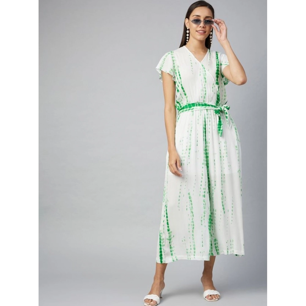 Women's Rayon Striped Short Sleeve Jumpsuit (Green - White) Women's Rayon Striped Short Sleeve Jumpsuit (Green - White)
