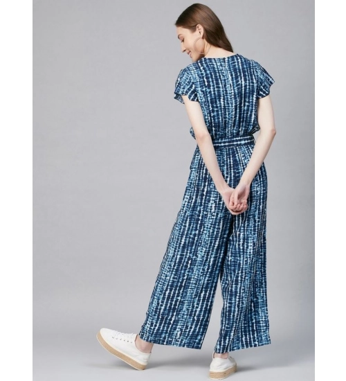 Women's Rayon Tie & Dye Short Sleeve Jumpsuit (Blue)