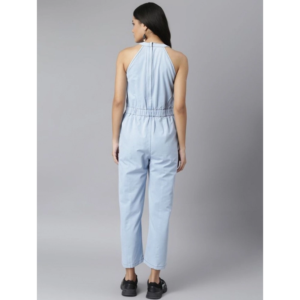 Women's Denim Self Design Sleeveless Jumpsuit (Blue) Women's Denim Self Design Sleeveless Jumpsuit (Blue)