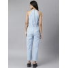 Dropship Women's Denim Self Design Sleeveless Jumpsuit (Blue)