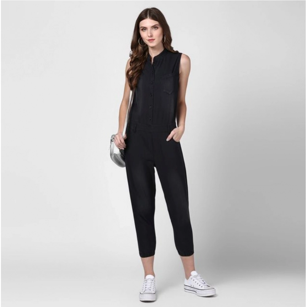 Women's Denim Solid Sleeveless Jumpsuit (Black)