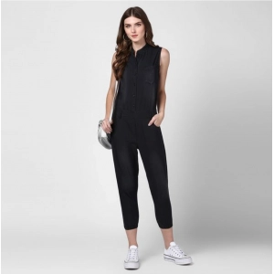 Generic Women's Denim Solid Sleeveless Jumpsuit (Black)