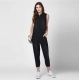 Women's Denim Solid Sleeveless Jumpsuit (Black)