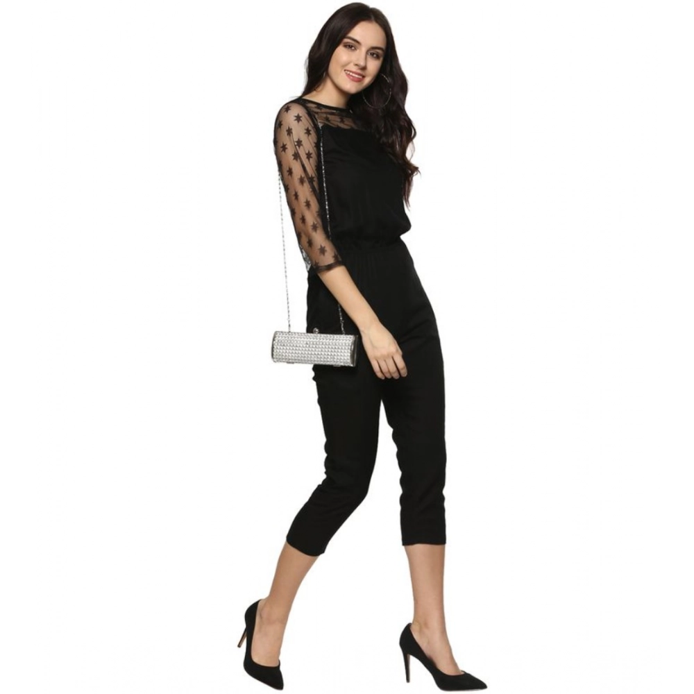 Women's Polyester Self Design 3/4th Sleeve Jumpsuit (Black) Women's Polyester Self Design 3/4th Sleeve Jumpsuit (Black)