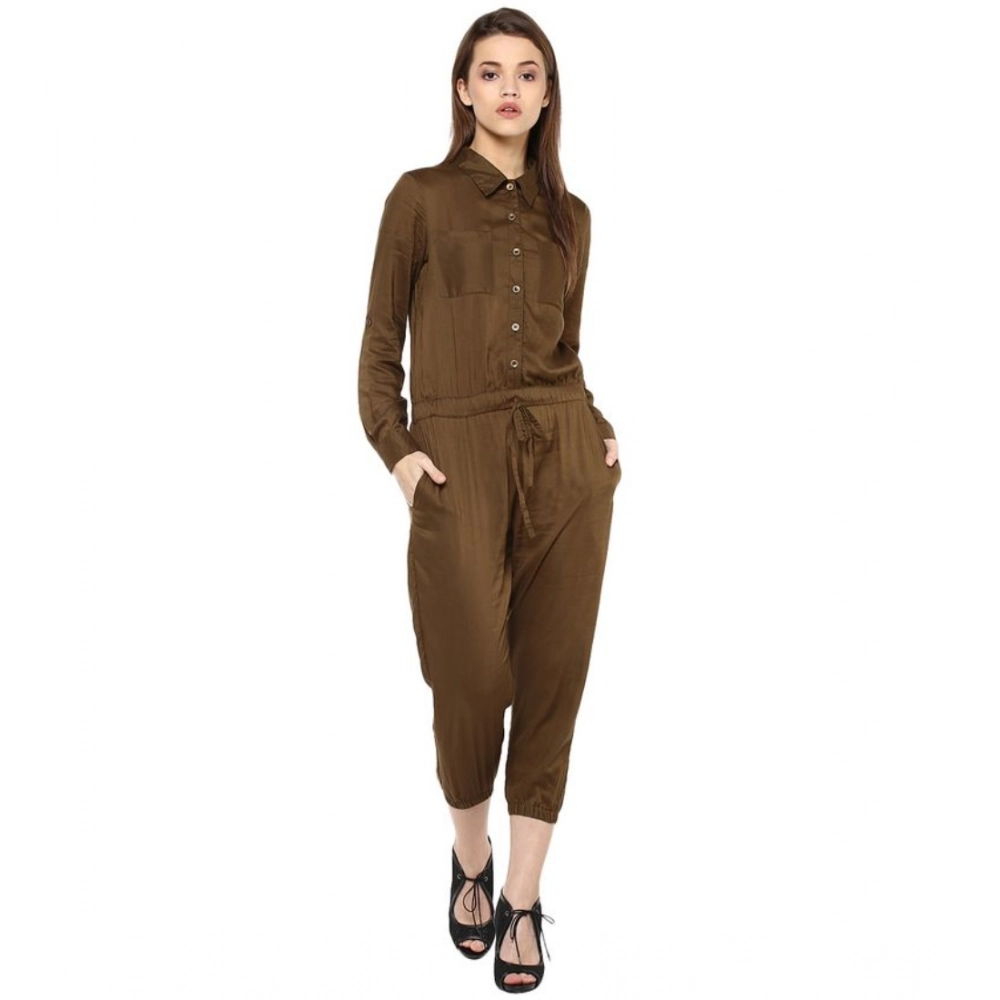 Women's Rayon Solid Long Sleeve Jumpsuit (Olive) Women's Rayon Solid Long Sleeve Jumpsuit (Olive)
