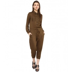 Women's Rayon Solid Long Sleeve Jumpsuit (Olive)
