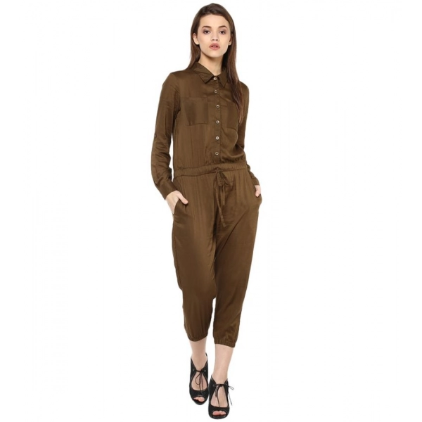 Dropship Women's Rayon Solid Long Sleeve Jumpsuit (Olive)