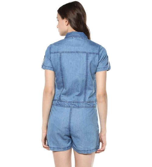 Women's Denim Solid Short Sleeve Jumpsuit (Blue)