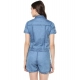 Women's Denim Solid Short Sleeve Jumpsuit (Blue)