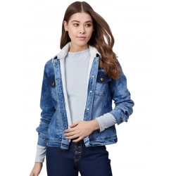 Women's Denim Washed Long Sleeve Jacket (Blue)