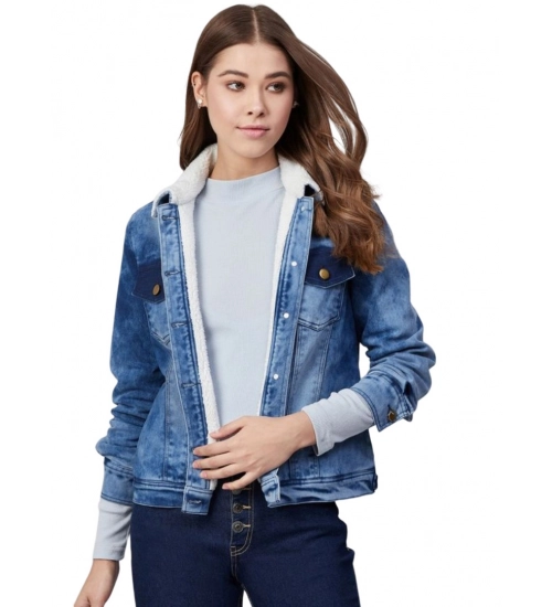 Women's Denim Washed Long Sleeve Jacket (Blue)