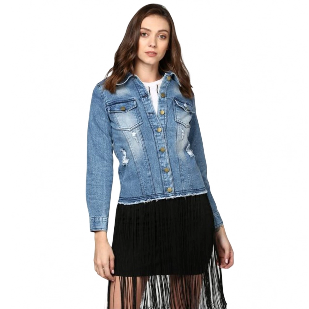 Women's Denim Distressed Long Sleeve Jacket (Blue) Women's Denim Distressed Long Sleeve Jacket (Blue)