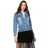 Dropship Women's Denim Distressed Long Sleeve Jacket (Blue)