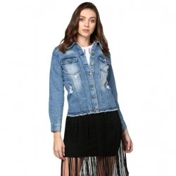 Women's Denim Distressed Long Sleeve Jacket (Blue)