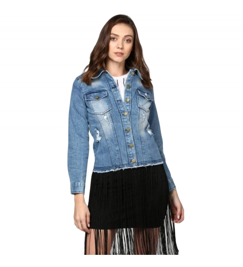 Women's Denim Distressed Long Sleeve Jacket (Blue)