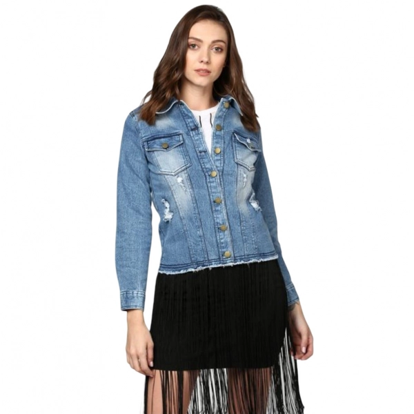 Dropship Women's Denim Distressed Long Sleeve Jacket (Blue)
