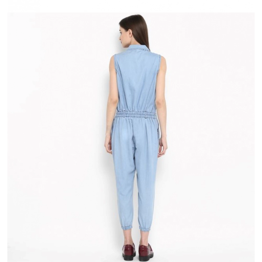 Women's Denim Solid Sleeveless Jumpsuit (Blue)