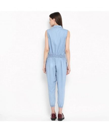 Women's Denim Solid Sleeveless Jumpsuit (Blue)