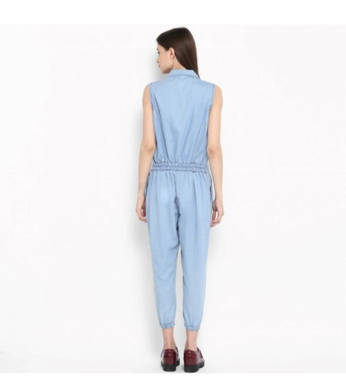Women's Denim Solid Sleeveless Jumpsuit (Blue)