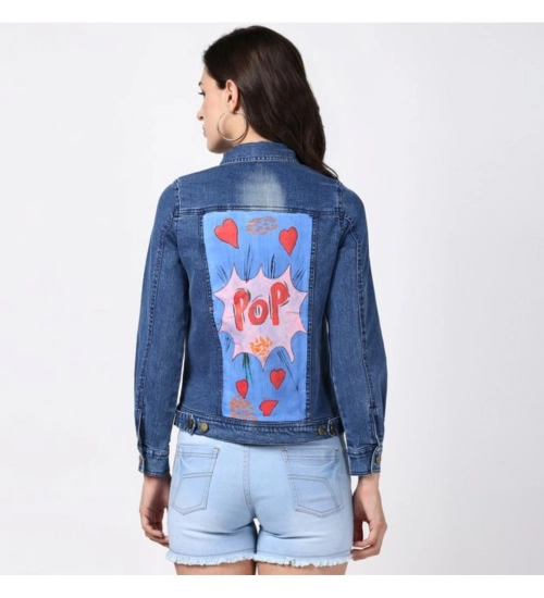 Women's Denim Hand Painted Long Sleeve Jacket (Blue) Women's Denim Hand Painted Long Sleeve Jacket (Blue)