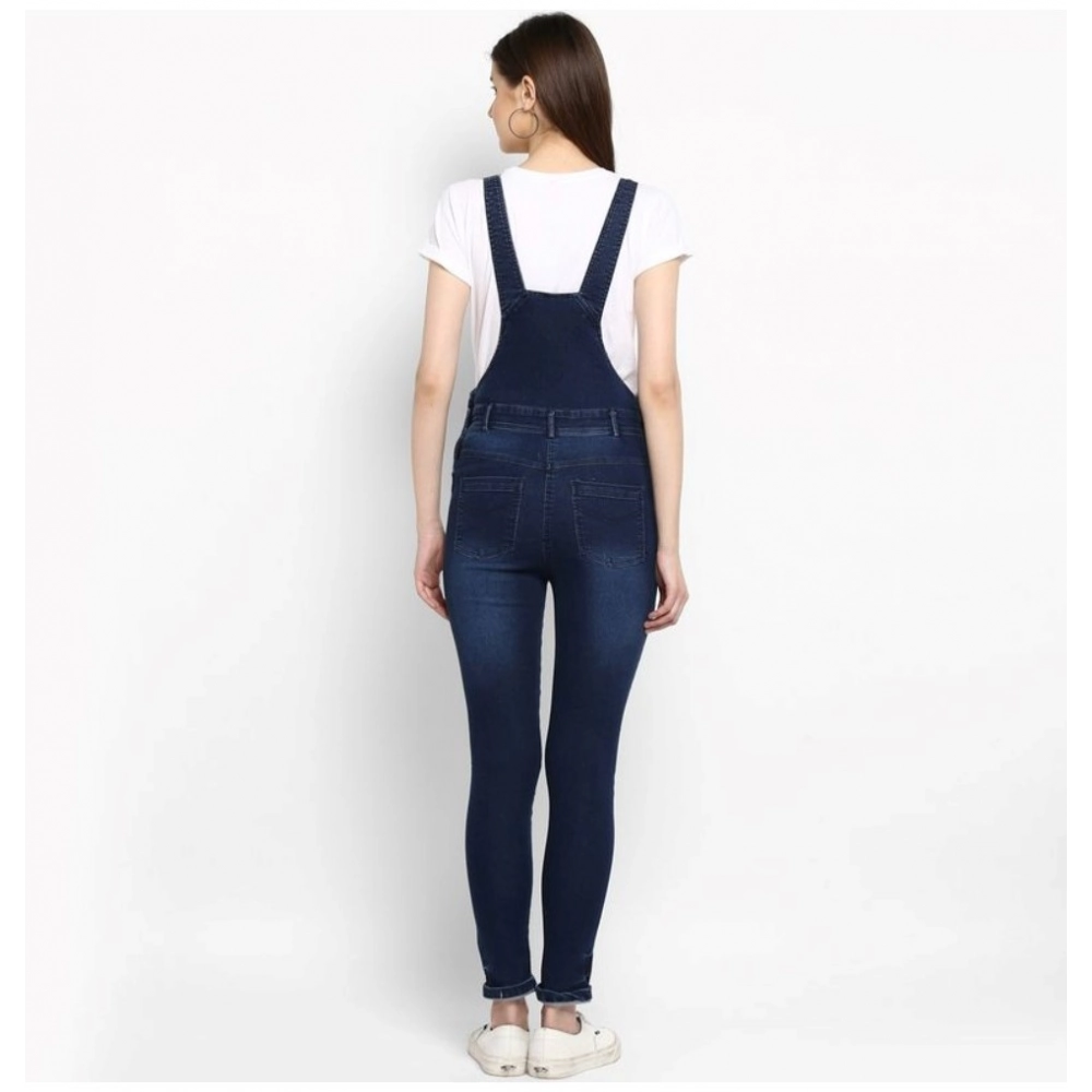 Women's Denim Solid Dungaree Pant (Blue)