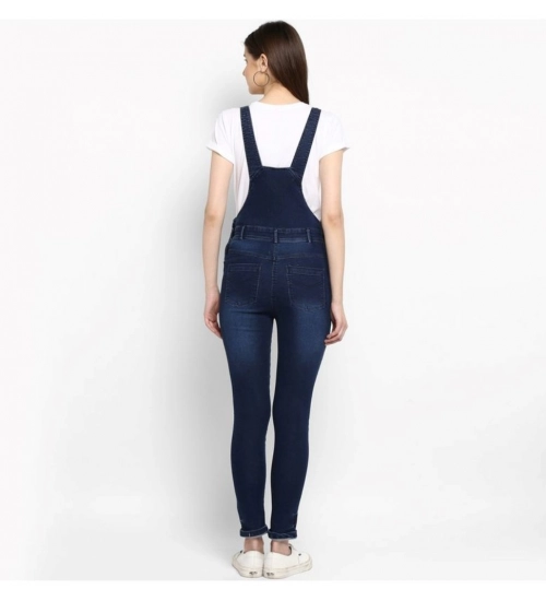 Women's Denim Solid Dungaree Pant (Blue)