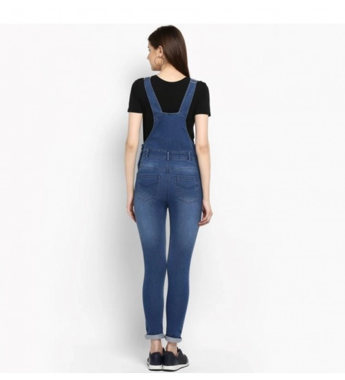 Women's Denim Solid Dungaree Pant (Blue)