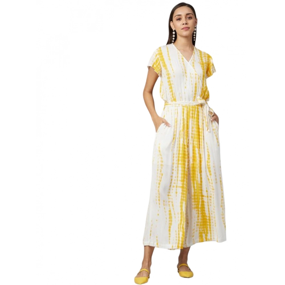 Women's Rayon Striped Short Sleeve Jumpsuit (Yellow - White) Women's Rayon Striped Short Sleeve Jumpsuit (Yellow - White)
