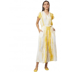 Women's Rayon Striped Short Sleeve Jumpsuit (Yellow - White)