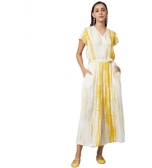 Women's Rayon Striped Short Sleeve Jumpsuit (Yellow - White)