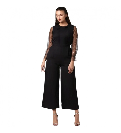 Women's Polyester Embellished Long Sleeve Jumpsuit (Black)