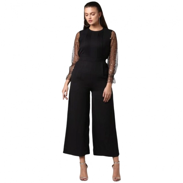 Dropship Women's Polyester Embellished Long Sleeve Jumpsuit (Black)