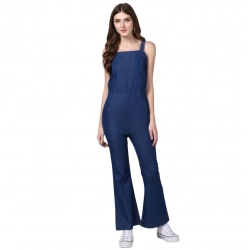 Women's Denim Solid Shoulder Straps Jumpsuit (Blue)