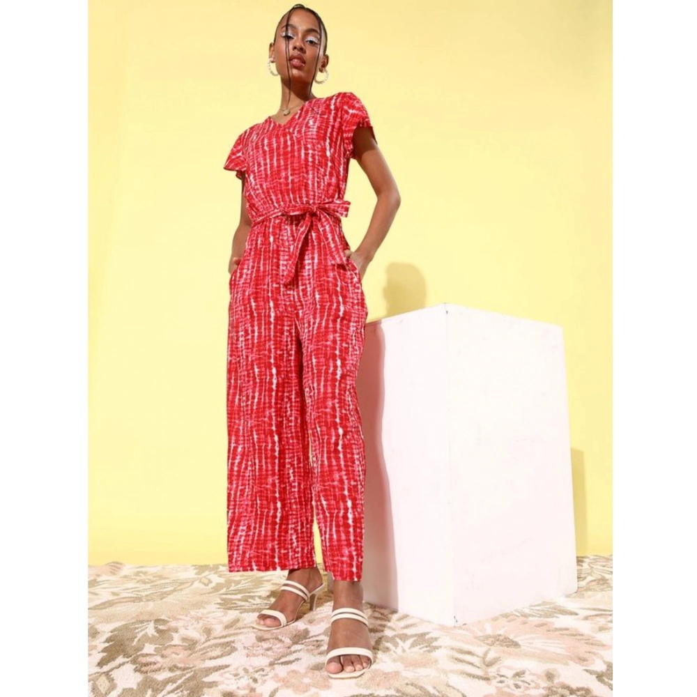 Women's Rayon Tie & Dye Short Sleeve Jumpsuit (Red) Women's Rayon Tie & Dye Short Sleeve Jumpsuit (Red)